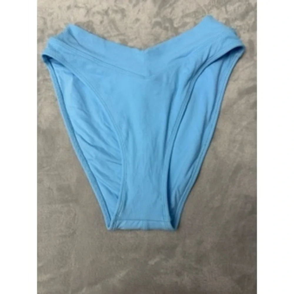 NWOT BECCA Swim Bottoms Womens Blue Ribbed V-Front High Leg Large $42